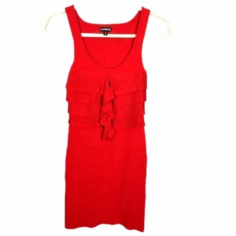 Express Bodycon Layered Ribbed Ruffled Stretchy Dress Women's XS Red‎ Sleeveless